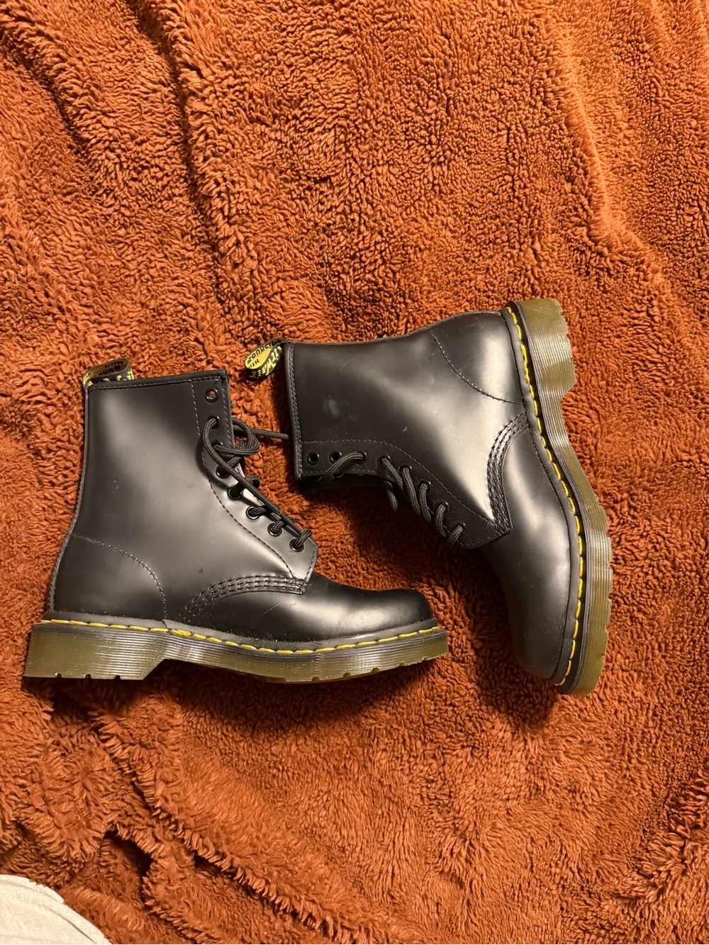 Dr. Martens Black Leather 8-Eye Lace-Up Boots with Yellow Stitching